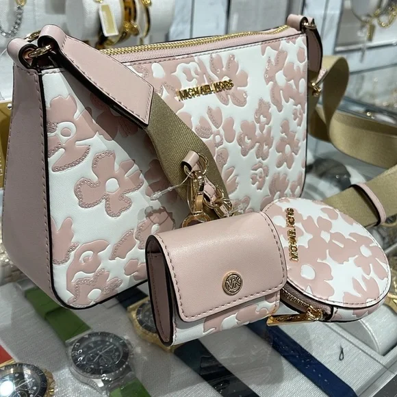 Michael Kors Jet Set Sm Sequined Floral Print Crossbody Case for Apple Airpods P - Picture 2 of 16